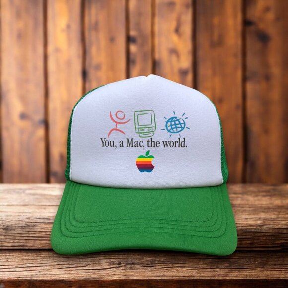 Apple Macintosh Computer Retro Advertisement Mens Trucker Hat Green Vintage Logo - Picture 1 of 4